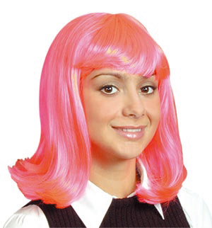 One of the three neon coloured wigs available. Choose this funky pink one or the yellow or green.