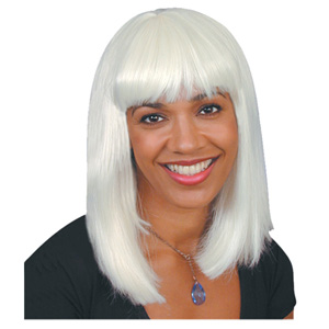 This white wig is great when used as a Mrs Christmas wig. Long and white with fringe.