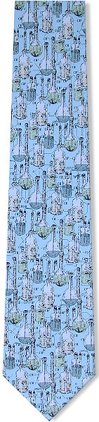 A pale blue tie featuring sketches of test-tubes and chemistry equipment.