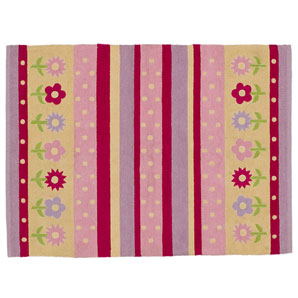 Cheerful chenille rug in pink, lilac and yellow stripes, with machine embroidered and appliqued