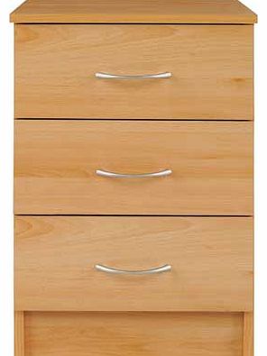 Part of the Cheval collection. this three drawer bedside chest is finished in a classic beech effect with silver coloured handles. Part of the Cheval collection 12kg. Size H59. W38. D36cm. 3 drawers with metal runners. Made of wood effect. Metal hand