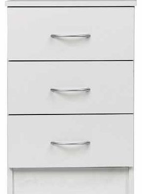 Part of the Cheval collection. this three drawer bedside chest is finished in a soft white with silver coloured handles. Part of the Cheval collection 12kg. Size H59. W38. D36cm. 3 drawers with metal runners. Made of wood effect. Metal handles. Self-