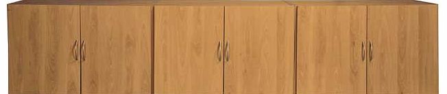 Part of the Cheval collection. this set of overbed cupboards are finished in a warm oak effect with silver coloured handles. Each of the three cupboards has two doors and one adjustable shelf. all made from FSC certified wood. Cheval Size H50. W228. 