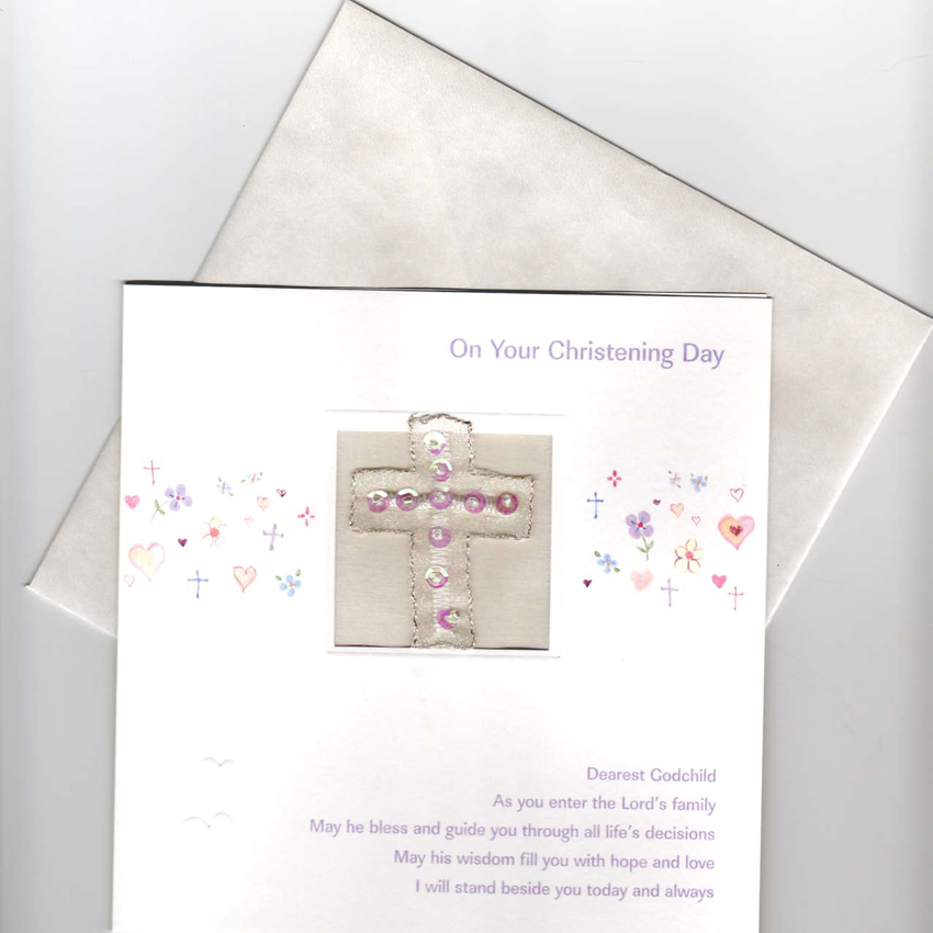 Chiffon Embellished Godchild Christening Card. Heartfelt message and a sparkly cross make this a Chr