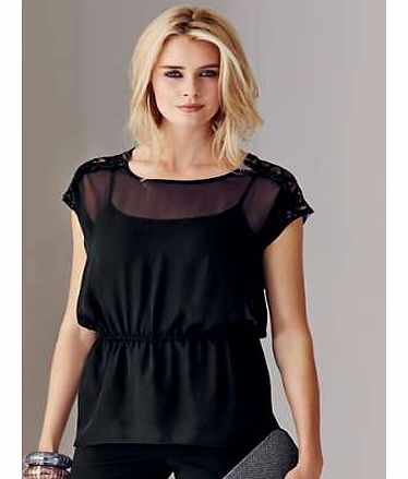 Sheer elegance, softly flowing tunic top with fashionable lace inserts at shoulders. Elasticated waist and shaped hem, simply beautiful.Kaleidoscope Tunic Features: Washable 100% Polyester Length approx. 73 cm (29 ins) Camisole not included