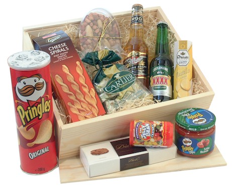 A great gift to just chill out in front of the TV! Wooden box lined with decorative shred includes: