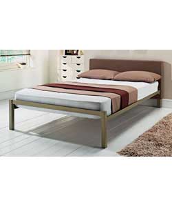 Double bedstead in champagne coloured frame with beige upholstered fabric headboard panel. Includes
