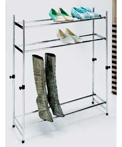 Mild steel and plastic components.Chrome extendable shoe and boot rack.Holds up to 15 pairs boots/sh