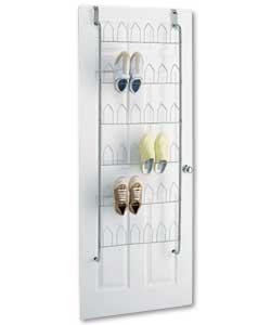 Over door storage system. Holds up to 18 pairs of shoes (size 8 mens).Requires minimal assembly. Siz