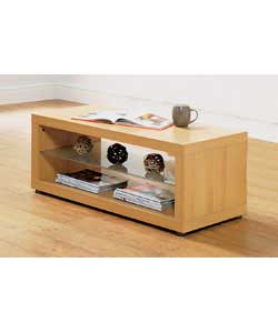 Size (L)100, (W)50, (D)42cm.Beech finish coffee table with frosted, tempered glass shelf.Weight 19kg