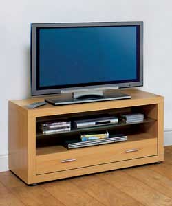 Overall size (H)52, (W)100, (D)50cm.Beech finish with frosted glass.Internal dimensions for TV/Satel