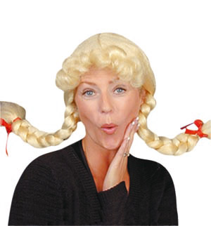 Blonde wig with wired plaits in bunches. Plaits can be styled in any shape. Also available in orange