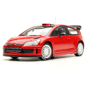 AUTOart has released a 1:18 replica of the 2007 Citroen C4 WRC rally car finished in a plain red bod