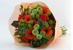 This striking floral arrangement contains orange germini, lime green Kermit Chrysanthemums and red h
