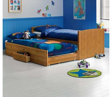 Solid wooden cabin bed with pull-out trundle guest bed and three storage drawers. Perfect for sleepovers. Part of the Classic collection. Cabin bed: Bed size W97. L196. H74cm. For ages 4 years and over. General information: Weight 45kg. Self assembly