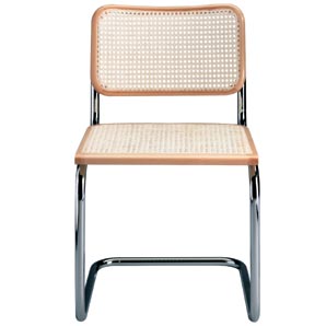 This chair has a Seventies feel about it with its continuous chrome frame. Beech and natural cane ba