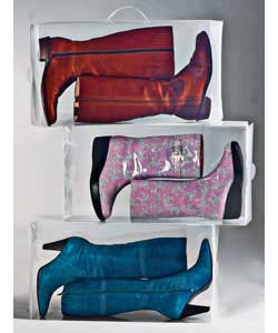 Set of 3 clear boot storage boxes with 3 pairs of boot support inserts.Ideal for household, travel a