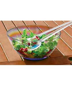 Clear plastic serving bowl with salad servers. Size (H)11, (W)25, (D)25cm.
