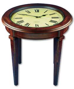 Round wooden table with working clock in the top.Requires 1 x AA battery, not supplied.Size