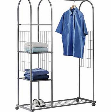 The convenient. easy to assemble clothes tidy rail is perfect for hanging clothes as well as storing shoes and towels on the three shelves. Its mounted on castors so you can easily move it room to room. Mounted on wheels for easy movement. Size H166.