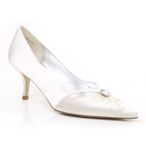 Clove, a classic court shoe with pointed toe. This stylish satin bridal shoe with diamante buckle st