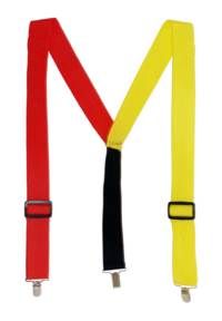 Multi coloured stretchy braces to hold up a clown