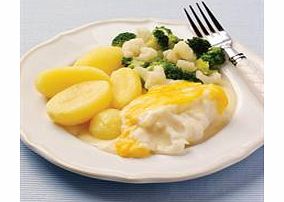 A perfectly cooked cod fillet drizzled in cheesy sauce and topped with grated red Cheddar. Served with broccoli and cauliflower florets and boiled potatoes.