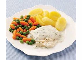 A delicate cod fillet in creamy parsley sauce. Served with boiled potatoes, carrots and peas.