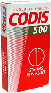 Codis 500 32x. Dispersible tablet containing Aspirin 500mg, Codeine phosphate 8mg. Mild to moderate 