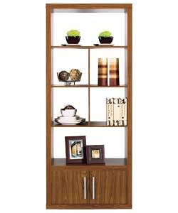 Walnut effect display unit with 2 doors.Silver effect handles.3 shelves and one base shelf.Size