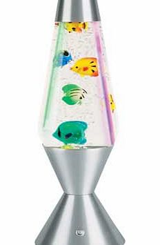 Bring colour and curiosity to your room with this Lava Quarium fish lamp. Fish and baubles appear to swim around in the bubbles created in the water. Needs filling with distilled water. not included. Colour changes from green. red. blue and purple. C
