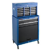 This Draper combined roller cabinet and chest toolbox is made of steel for long lasting use and blue