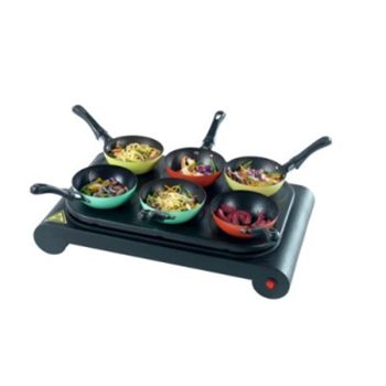 6 Individual WoksNon-stick coatingIdeal for dinner partiesBrings the kitchen to the dining tableIncludes Recipe book and CDWM game2 Year GuaranteeProduct dimentions L: 29.2 W: 47 H: 18 cmPacked dimensions L: 34.2 W: 51.8 H: 18.5 cmProduct Weight 2.54