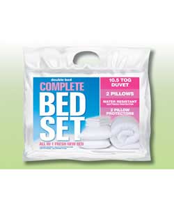 This complete bed set contains a 10.5 tog double duvet, 2 pillows, a water resistant mattress protec