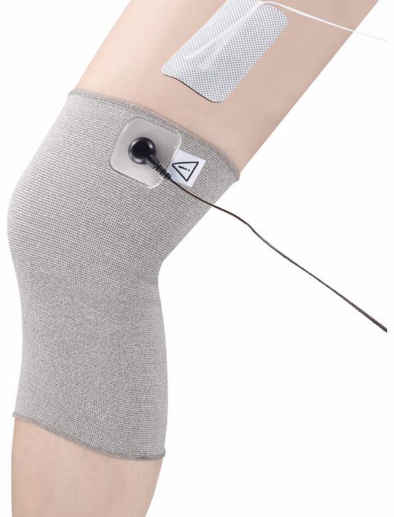 Conductive Kneecap. Electrotherapy relief for the knee area. Made with high quality silver yarn. For use with an electrical stimulator. Available in two sizes which fit most leg sizes.