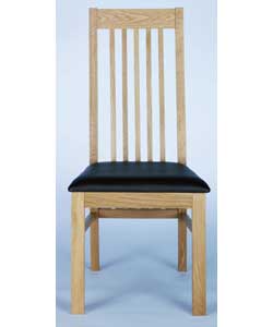 Solid oak wooden chair.Brown faux leather seat pad.Requires assembly.Size: Width 48cm x depth 59cm x