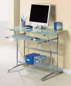 Chrome coloured workstation with frosted glass top.Suitable for 17in CRT monitor, keyboard and