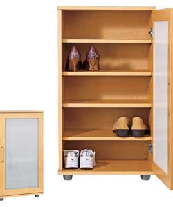 Shoe storage with 4 internal shelves and stylish opaque plastic door with metal handle. Holds up to 