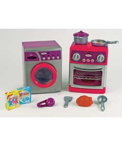 The cooker has a light-up hob and realistic cooking sounds. Washing machine has rotating drum and