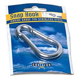 Stainless steel snap hook used to link shade sail corner to pad eyes