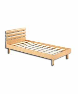 European styled beech effect bed with slatted headboard.  Wooden slatted base. Size (W)97, (L)195, (