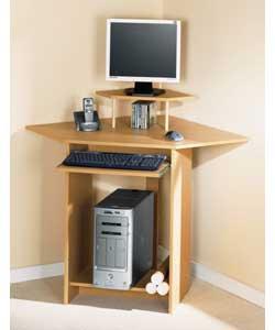 Corner workstation with fixed shelves.Suitable for 17in CRT or 19in LCD monitor, keyboard and tower