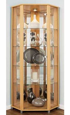 This corner display unit is finished in an attractive beech effect. Featuring a glass door. mirrored back panels and 4 fixed shelves. this cabinet shows off your display items with a bright halogen light. A great talking piece for your home. Size H17