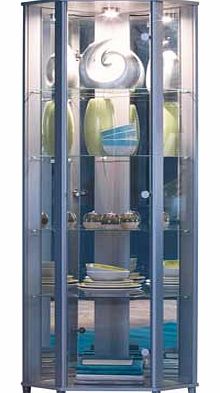 This corner display unit is finished in an attractive silver effect. Featuring a glass door. mirrored back panels and 4 fixed shelves. this cabinet shows off your display items with a halogen light. A great talking piece for your home. Size H172. W71