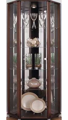 This corner display unit is finished in an attractive wenge effect. Featuring a glass door. mirrored back panels and 4 fixed shelves. this cabinet shows off your display items with a halogen light. A great talking piece for your home. Size H172. W71.