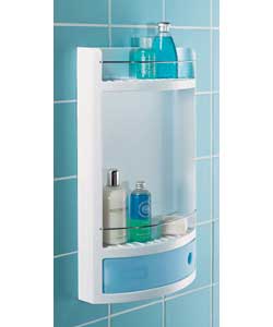 Corner shelf with drawer. Plastic material available in 4 different colours (blue kristal, white,