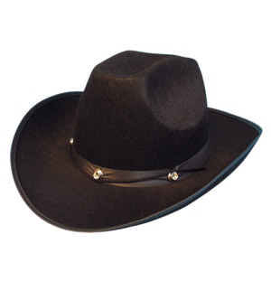 Black cowboy hat made of felt. Feathered for fortune, fate or fighting?