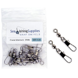 Nickel snap swivels. Available in sizes 4 (80lb)  2 (150lb)  1/O (250lb). Sold in packs of 20 (sizes
