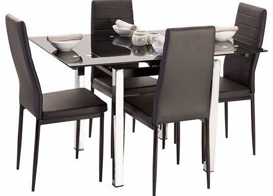 The ultra modern Crayford dining set is sure to bring a touch of style to your home. The Crayford is made from black glass with chrome metal legs. and is accompanied by four faux leather dining chairs with cushioned seat pads for extra comfort. Sure 