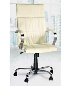 Cream leather faced swivel chair with PVC sides and back.Chromed base.Adjustable back.Tilting